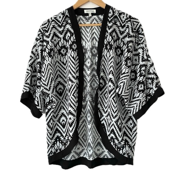 Monteau Kimono Cardigan Black White Geometric Open Front Women’s Size Medium M - Picture 1 of 6